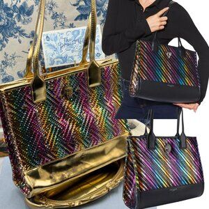 🆕 KURT GEIGER LONDON 🧿 NWOT SM Kensington Square Shopper Tote Metallic Rainbow